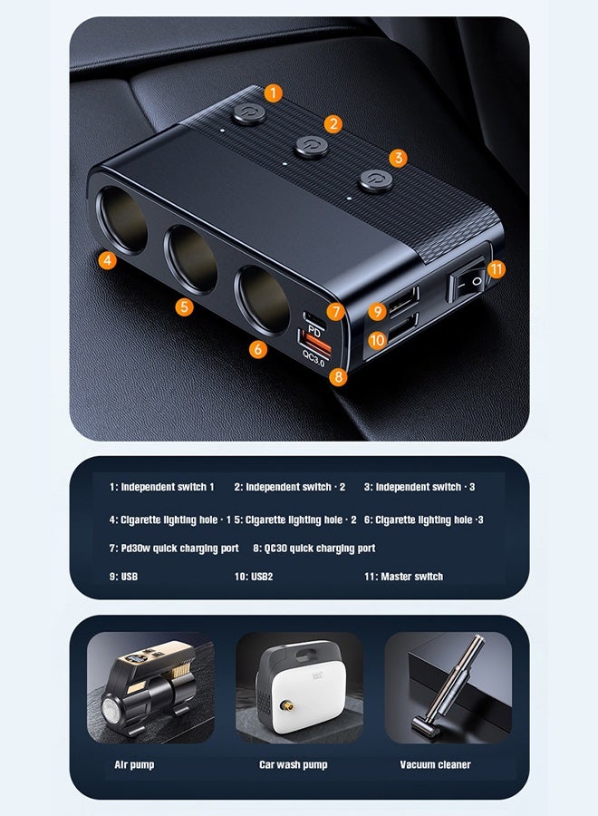 DUNISO 12/24W Cigarette Lighter USB Charger, 128W Car Charger with LED Voltage Display,Adapter with 3 Sockets,PD 30W & 4 USB Ports , Quick Charging for Car Devices with Independent  Switches - Image 5