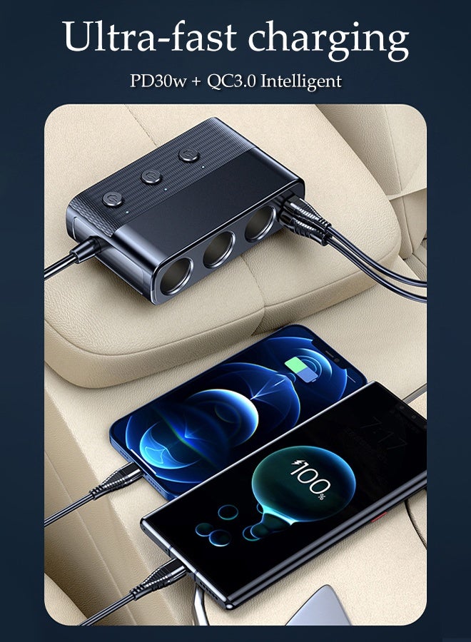 DUNISO 12/24W Cigarette Lighter USB Charger, 128W Car Charger with LED Voltage Display,Adapter with 3 Sockets,PD 30W & 4 USB Ports , Quick Charging for Car Devices with Independent  Switches - Image 4