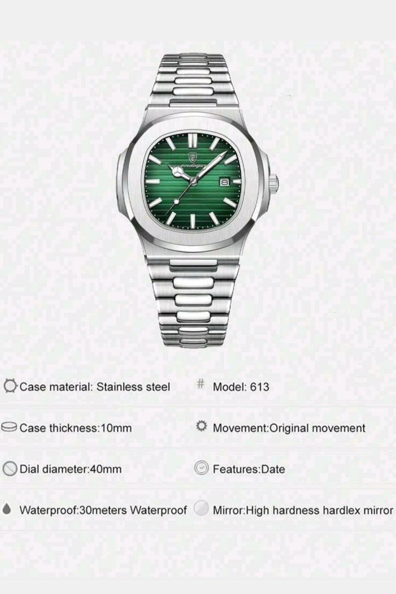 پوداجار ساعات رجالية كوارتز فاخرة عالية الجودة من الفولاذ المقاوم للصدأ | رياضية مقاومة للماء | تاريخ مضيء | شاشة مربعة ٤٠مم - Image 5