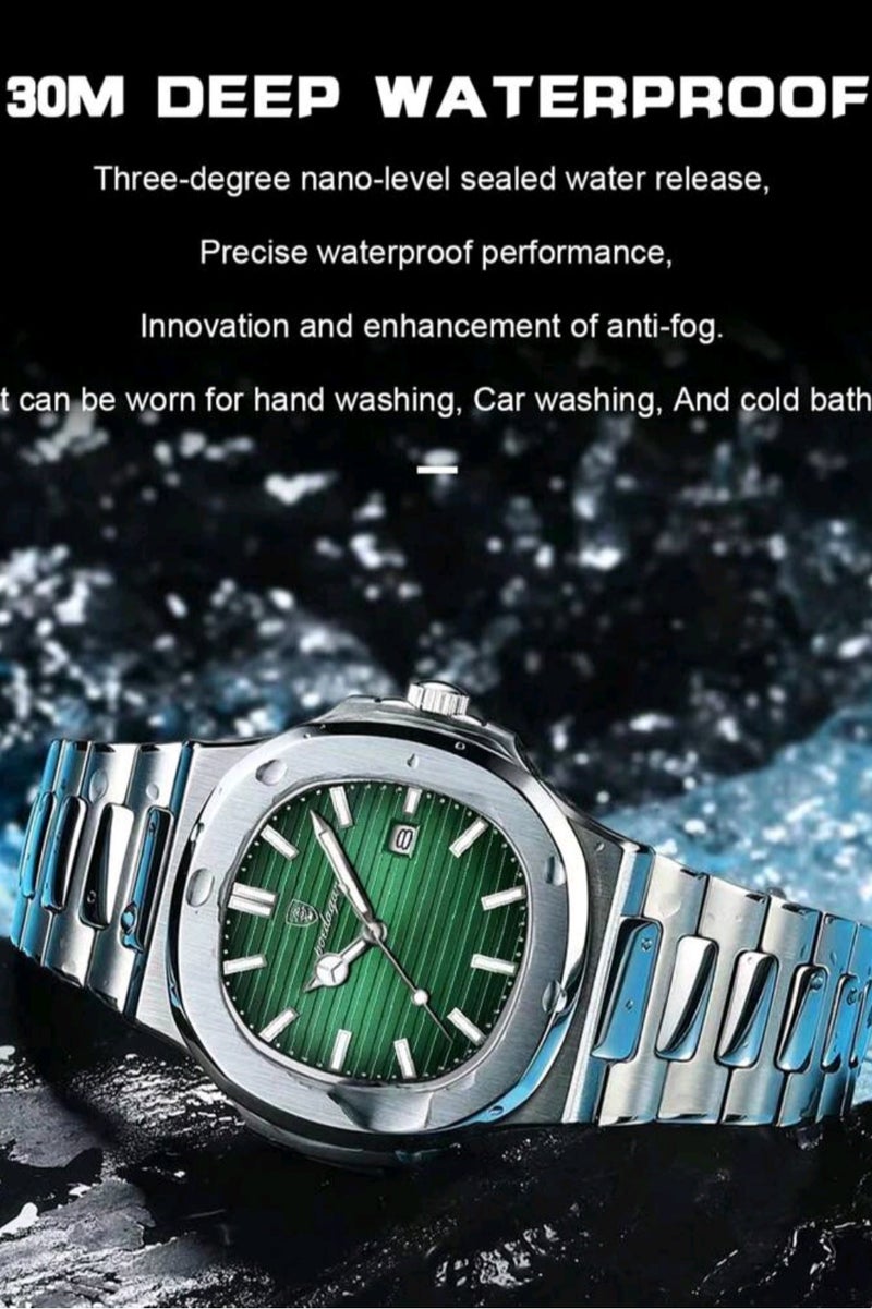 پوداجار ساعات رجالية كوارتز فاخرة عالية الجودة من الفولاذ المقاوم للصدأ | رياضية مقاومة للماء | تاريخ مضيء | شاشة مربعة ٤٠مم - Image 3
