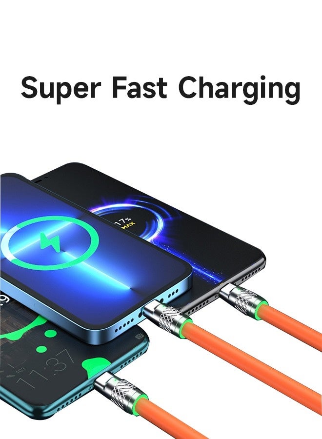 6A Hight Current 3 in 1 Fast Charger Cord Multi Function Charging Cable120W, 1.2 Meter Super Soft Silicone Universal USB Charging Cable Adapter with Lightning/Type C/USB Port(Orange)