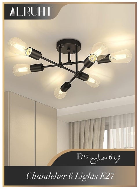 Chandelier, Modern Ceiling Lighting, 6 Lights E27 Adjustable Industrial Mount Pendant Light Fixture for Kitchen, Living Room, Dining Room, Bedroom Foyer, Black, Bulbs Not Included
