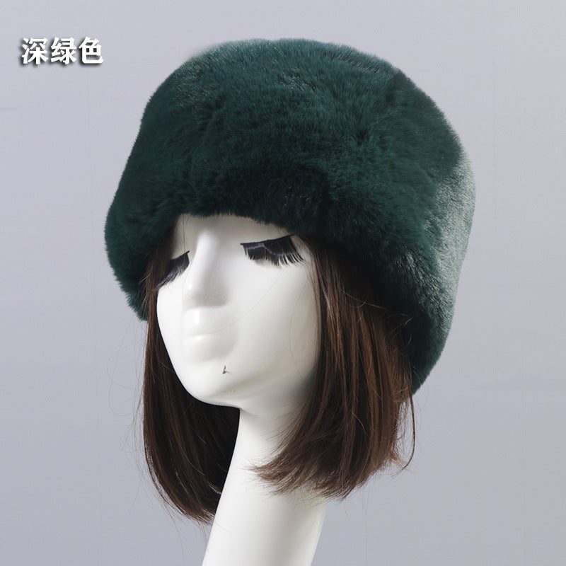 Autumn Winter Faux Rabbit Fur Hat for Adults Dark green short wool flat top hat