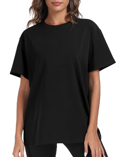 PRIMODA Womens Oversized Short Sleeve T Shirts Trendy Crew Neck Loose Workout Tee Casual Summer Tops Cotton(Black L) - Image 5