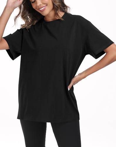 PRIMODA Womens Oversized Short Sleeve T Shirts Trendy Crew Neck Loose Workout Tee Casual Summer Tops Cotton(Black L) - Image 2