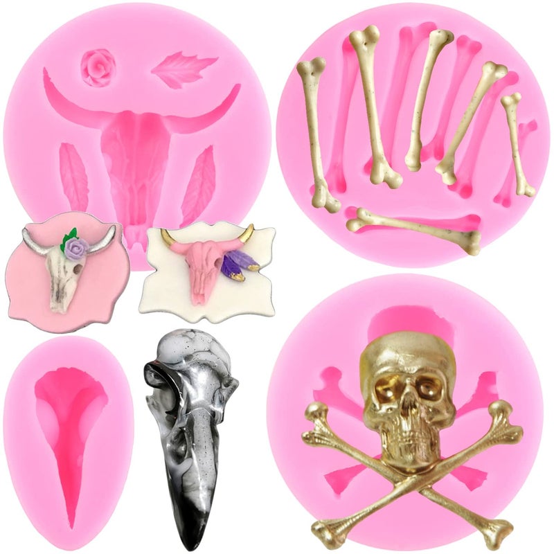 zixiang ZiXiang Bull Head Silicone Molds Skull Head Fondant Mold Skeleton Bone Mold Raven Head Skull Candy Mold For Halloween Cake Decorating Cupcake Topper Polymer Clay Chocolate Gum Paste Set Of 4  - Image 1