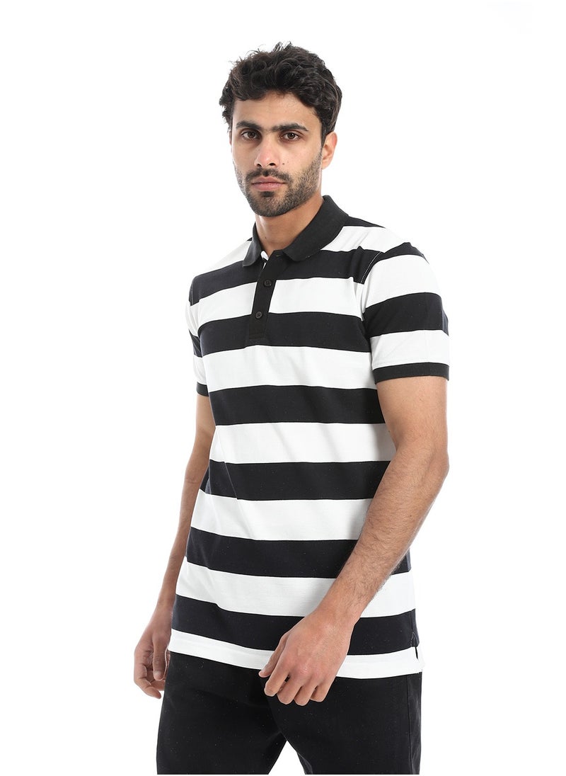 بافون Wide Striped Short Sleeves Polo Shirt - Black & White  - Image 2