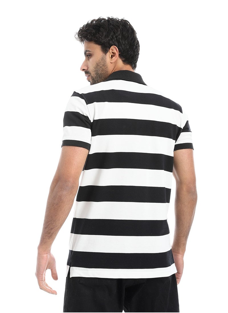 بافون Wide Striped Short Sleeves Polo Shirt - Black & White  - Image 3