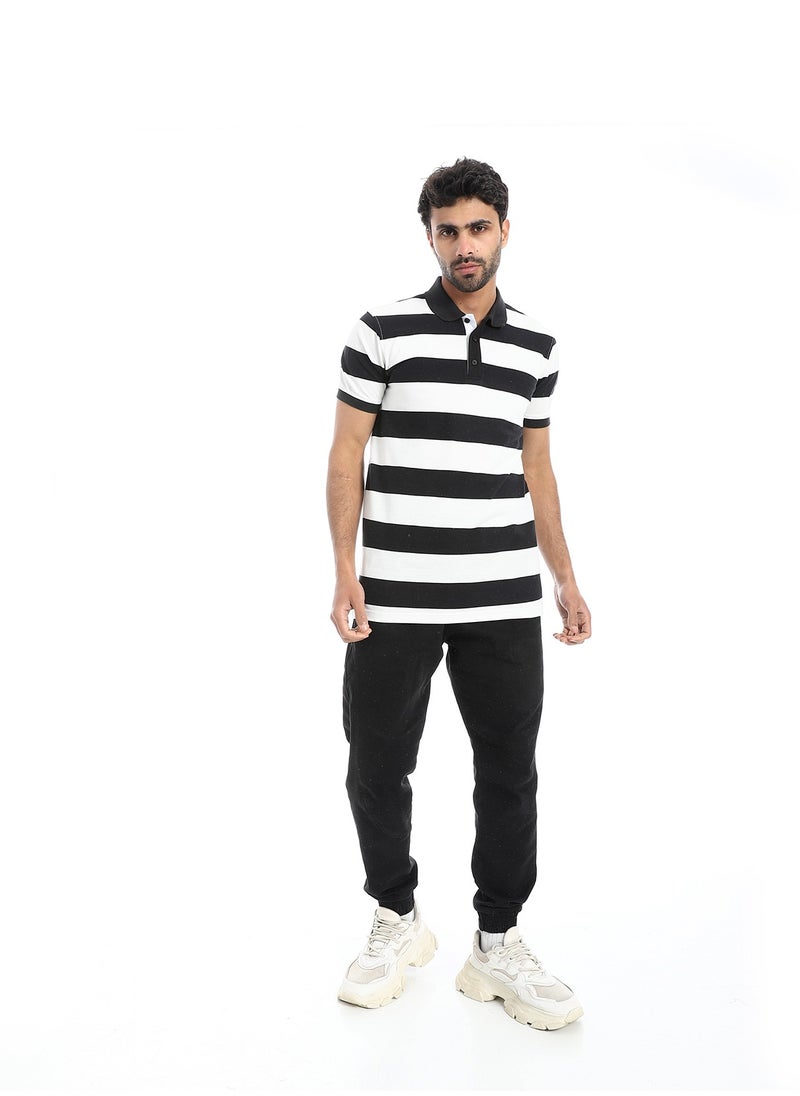 بافون Wide Striped Short Sleeves Polo Shirt - Black & White  - Image 4
