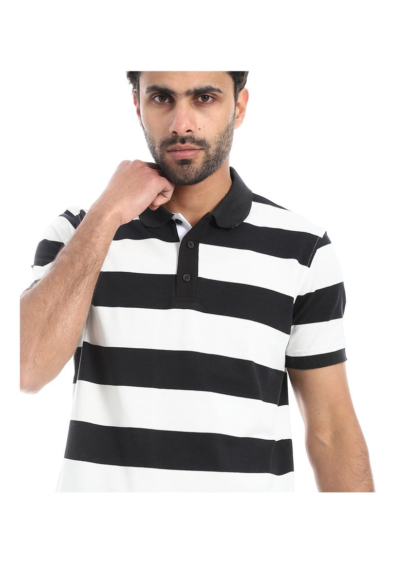 بافون Wide Striped Short Sleeves Polo Shirt - Black & White  - Image 1