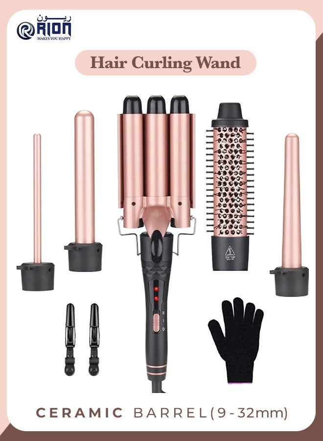 RION 5-in-1 Interchangeable Barrel Hair Curling Wand – Adjustable Temperature Ceramic Tourmaline Curl Iron with Heat-Resistant Glove, Dual Voltage - Image 1