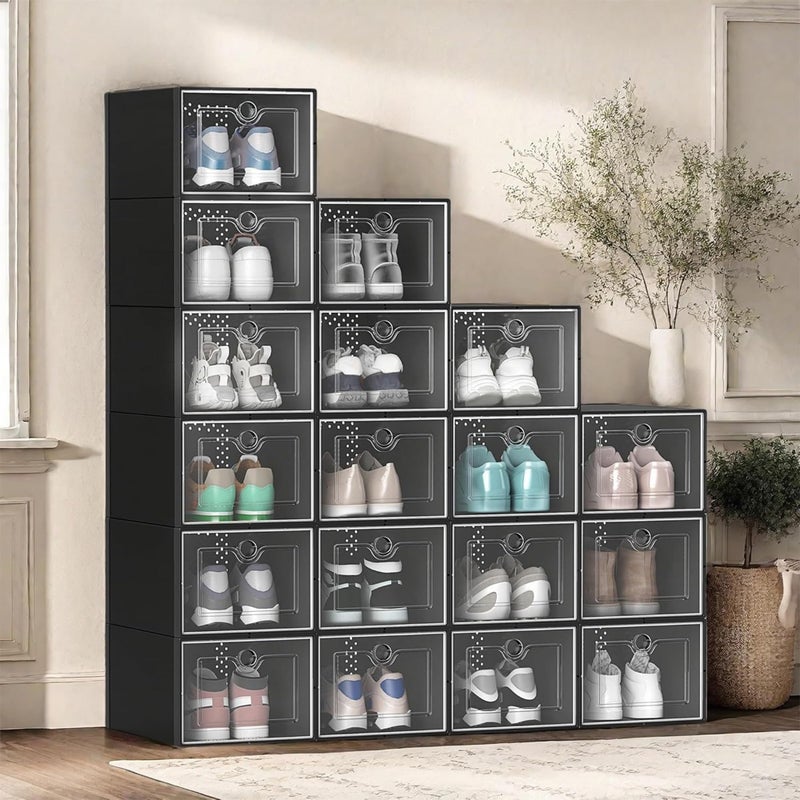 YITAHOME Shoe Storage Boxes Fit Size 13 18Pack Stackable Shoe Rack Organizers with Clear Plastic Sneaker Containers Playthings Storage Organizer Bins for Entryway Closet Under Bed Black