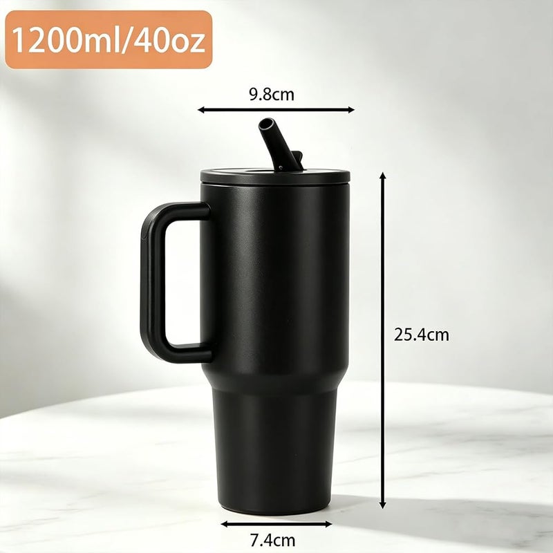 VTERLY 40oz Tumbler with Handle and Straw Lid, Insulated Stainless Steel Water Bottle, Reusable Leak Proof Travel Mug for Hot & Cold Drinks, Car Cup for Coffee, Iced Tea, Smoothie, Camping, Hiking (Black) - Image 2