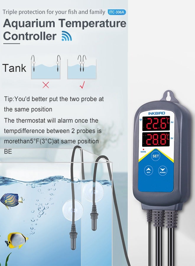 INKBIRD جهاز تحكم درجة حرارة حوض السمك INKBIRD ITC-306A WiFi مع مقبس تسخين مزدوج لأسماك البحر والأسماك الاستوائية والجمبري والسلاحف بدون وظيفة مؤقت - Image 4