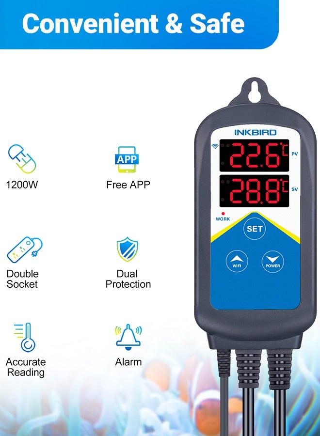 INKBIRD جهاز تحكم درجة حرارة حوض السمك INKBIRD ITC-306A WiFi مع مقبس تسخين مزدوج لأسماك البحر والأسماك الاستوائية والجمبري والسلاحف بدون وظيفة مؤقت - Image 5