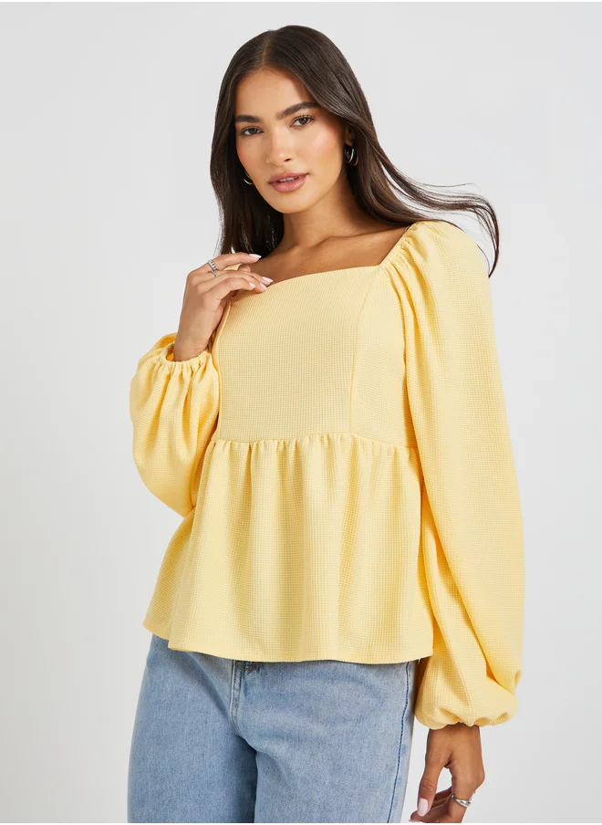 Styli Textured Balloon Sleeve Square Neck Blouse