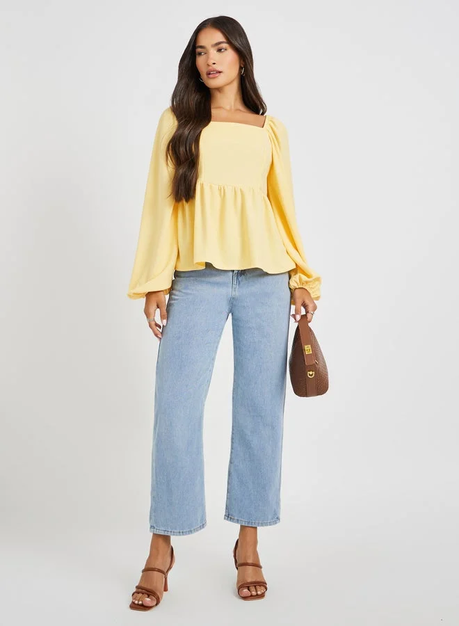 Styli Textured Balloon Sleeve Square Neck Blouse