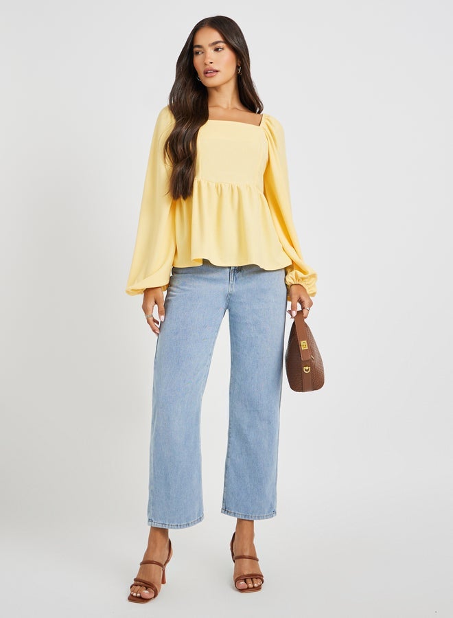 Styli Textured Balloon Sleeve Square Neck Blouse - Image 2