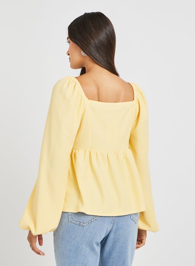 Styli Textured Balloon Sleeve Square Neck Blouse - Image 4