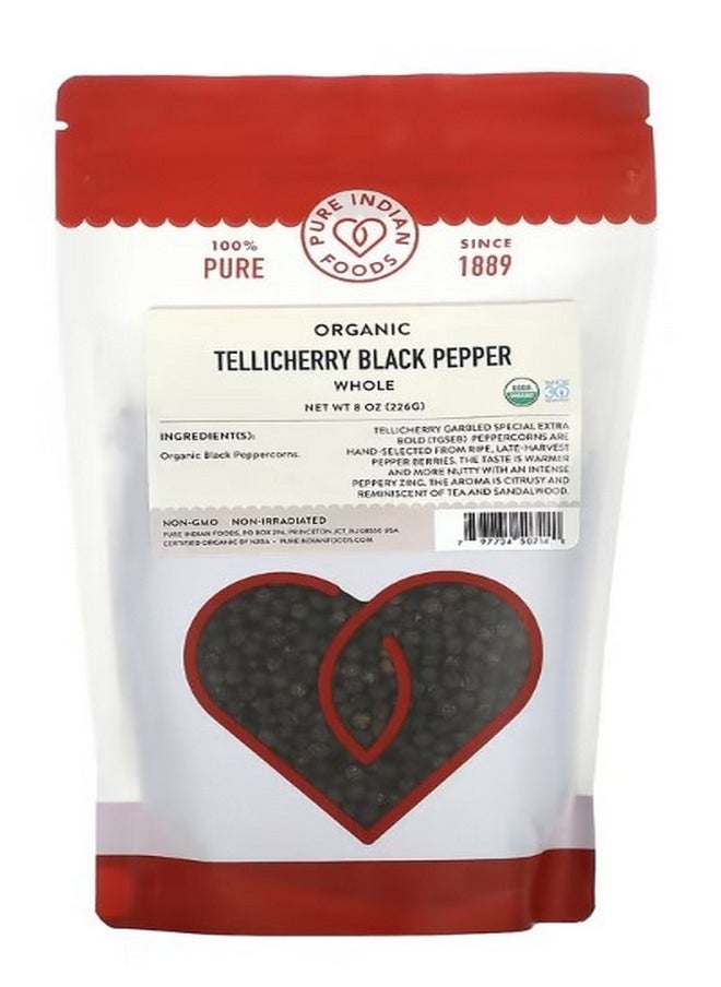 Pure Indian Foods Organic Tellicherry Black Pepper Whole  8 oz 226 g  - Image 1