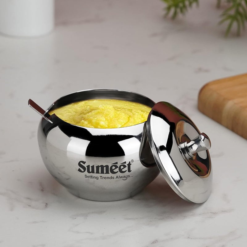 Sumeet Stainless Steel Ghee and Oil Pot Storage Container with Spoon for Kitchen 85cm Dia 230ML Pack of 1 Silver - Image 3