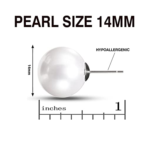 Raystar Big Pearl Earrings for Women Oversized Classic Faux Round Studs White Simulated Large Pearl Earrings for Women -14mm - Image 2
