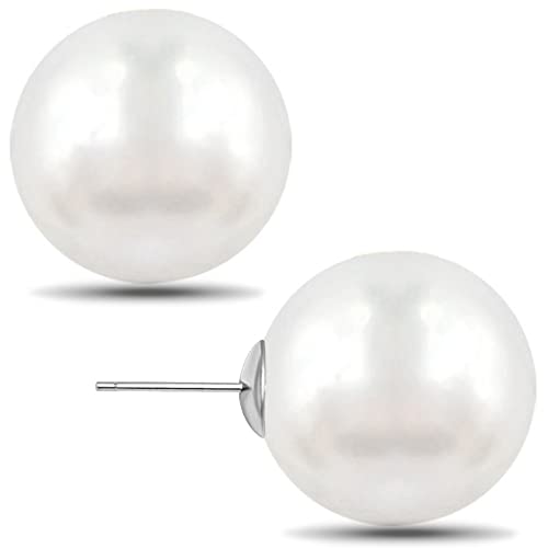 Raystar Big Pearl Earrings for Women Oversized Classic Faux Round Studs White Simulated Large Pearl Earrings for Women -14mm - Image 1