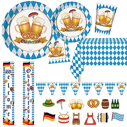 Oojami Oktoberfest Party Supplies for 24 Guests  9 Dinner Plates 7 Dessert Plates 12 oz Cups Napkins Table Covers Banners  Gender Reveal  Baby Shower Plates and Napkins Set Blue and Red - Image 1
