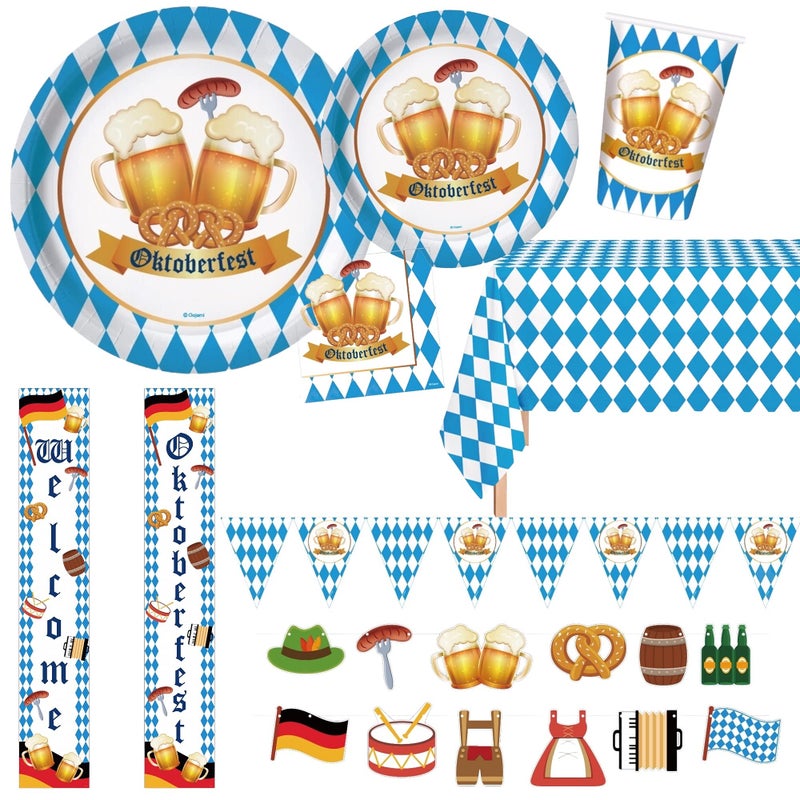 Oojami Oktoberfest Party Supplies for 24 Guests  9 Dinner Plates 7 Dessert Plates 12 oz Cups Napkins Table Covers Banners  Gender Reveal  Baby Shower Plates and Napkins Set Blue and Red - Image 2