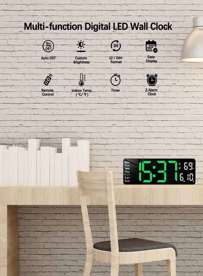 JoFomp Plastic Digital Wall Clock - 13" Large LED Display,Loud Alarm,Remote Control,DST,Auto-Dimming,Date and Day,Timer,Temperature - 12/24H Format - Ideal for Living Room,Green - Image 4