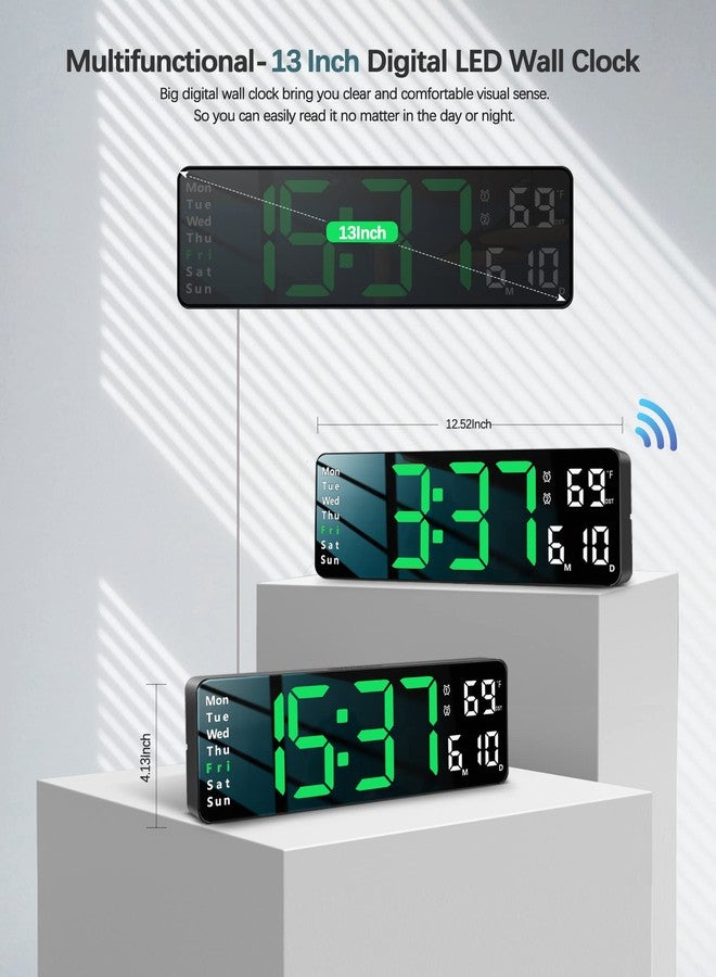 JoFomp Plastic Digital Wall Clock - 13" Large LED Display,Loud Alarm,Remote Control,DST,Auto-Dimming,Date and Day,Timer,Temperature - 12/24H Format - Ideal for Living Room,Green - Image 2