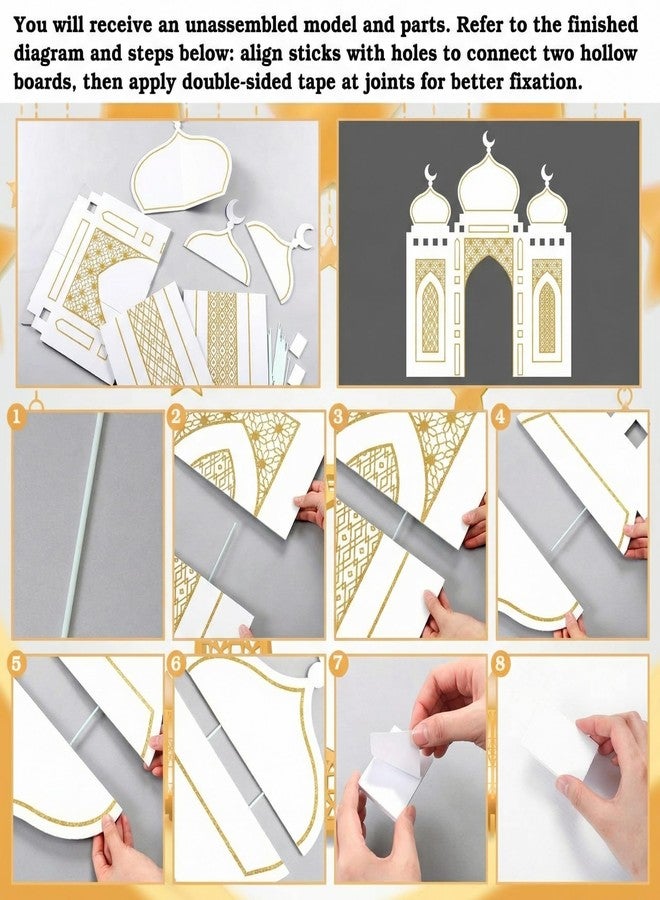 Amyhill Ramadan Eid Mosque Decorations 41 x 44.5 Inch DIY Cardboard Mosque Castle for Home Ramadan Playhouse Corner Activities for Islamic Muslim Home Decor (White Gold) - Image 3