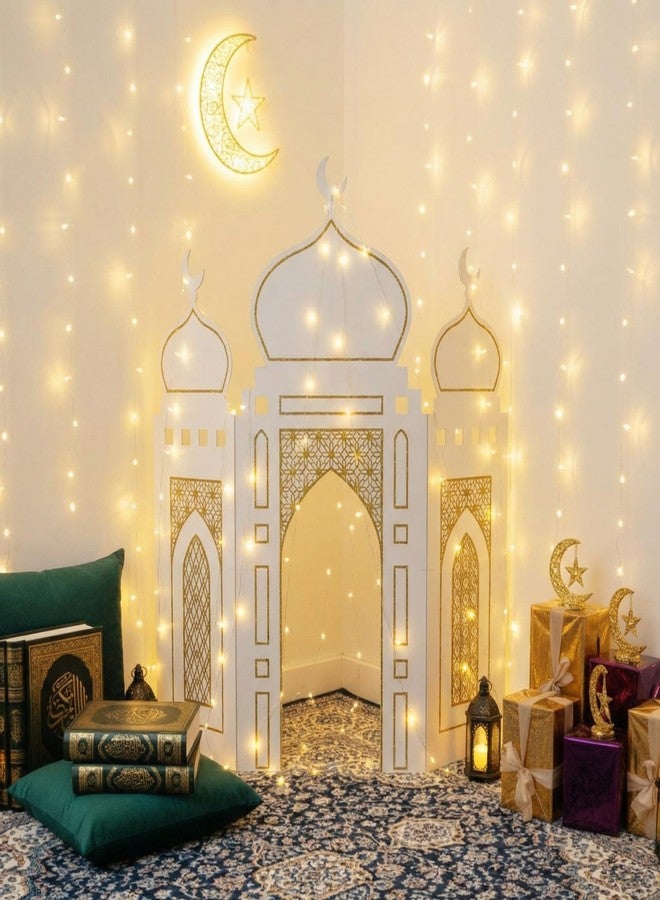 Amyhill Ramadan Eid Mosque Decorations 41 x 44.5 Inch DIY Cardboard Mosque Castle for Home Ramadan Playhouse Corner Activities for Islamic Muslim Home Decor (White Gold) - Image 5