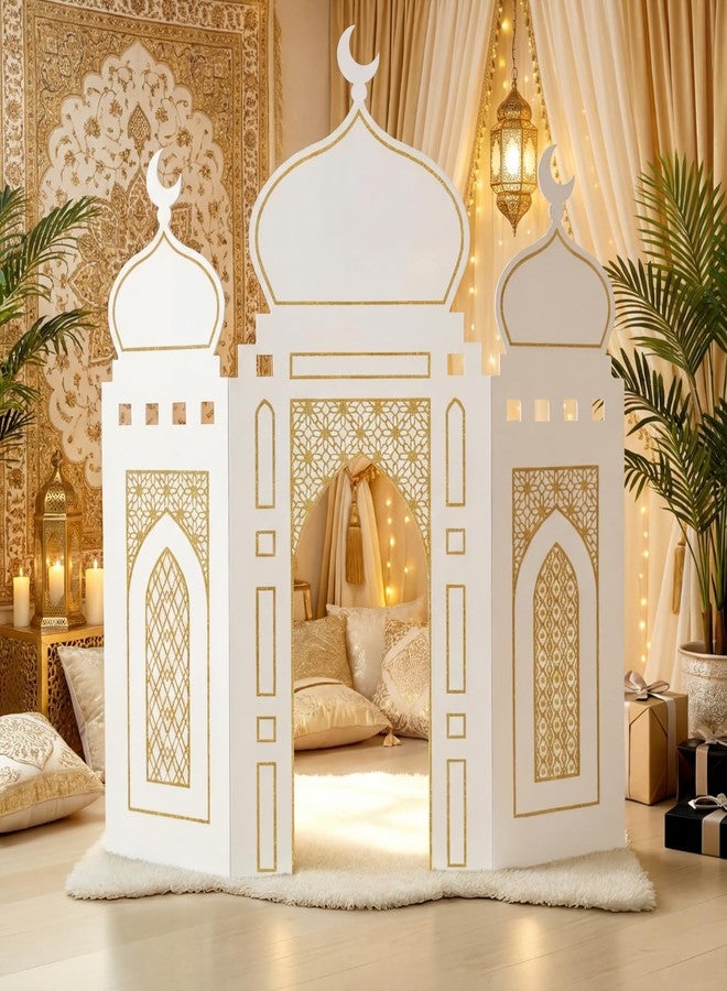 Amyhill Ramadan Eid Mosque Decorations 41 x 44.5 Inch DIY Cardboard Mosque Castle for Home Ramadan Playhouse Corner Activities for Islamic Muslim Home Decor (White Gold) - Image 1