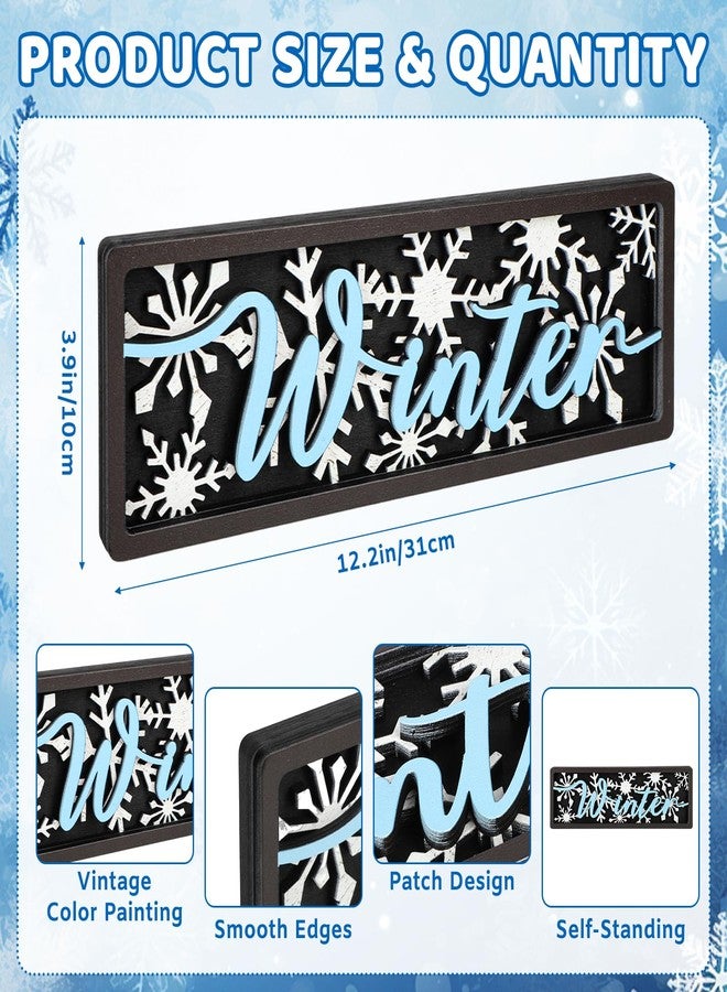 Yewfold Vintage Winter Table Decor Wooden Snowflake Table Centerpiece Rustic Farmhouse Winter Decor Sign for Home Office Desk Tiered Tray Shelf Decor (Blue Black) - Image 2