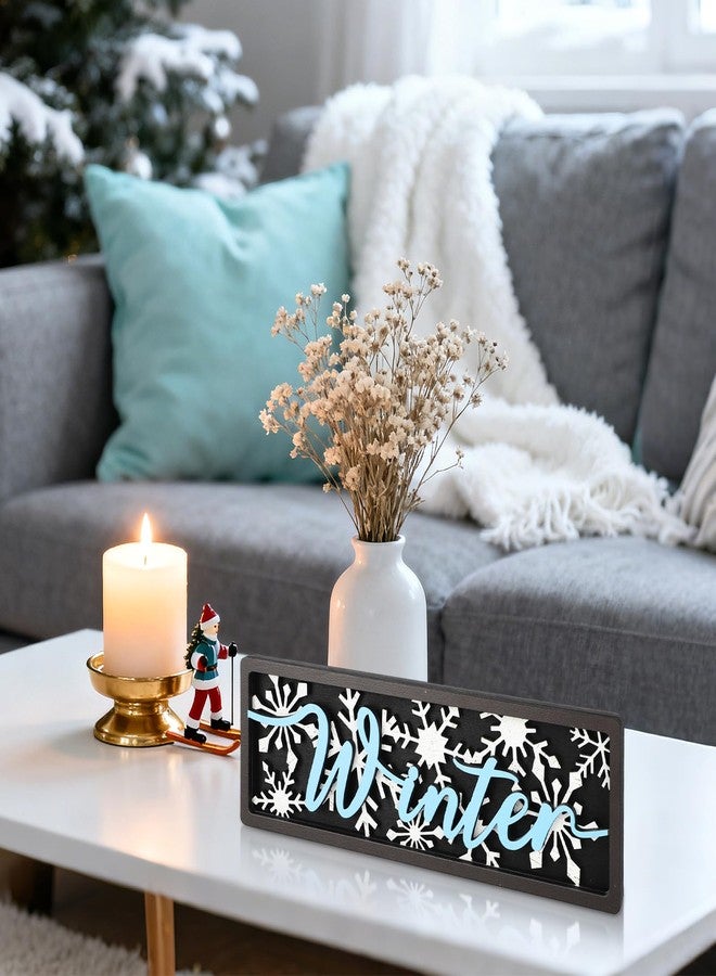 Yewfold Vintage Winter Table Decor Wooden Snowflake Table Centerpiece Rustic Farmhouse Winter Decor Sign for Home Office Desk Tiered Tray Shelf Decor (Blue Black) - Image 5