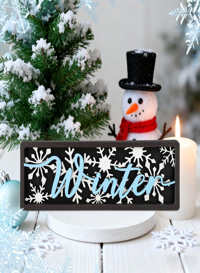 Yewfold Vintage Winter Table Decor Wooden Snowflake Table Centerpiece Rustic Farmhouse Winter Decor Sign for Home Office Desk Tiered Tray Shelf Decor (Blue Black) - Image 3