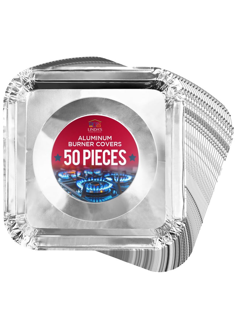 Linda's Essentials Gas Stove Burner Liners 50 Pack  Disposable Aluminium Foil Covers 85 HeatResistant Protector Fits Gas or Electric Ranges Thick Foil for MessFree Cooking Perfect Stove Cover for Kitchen 