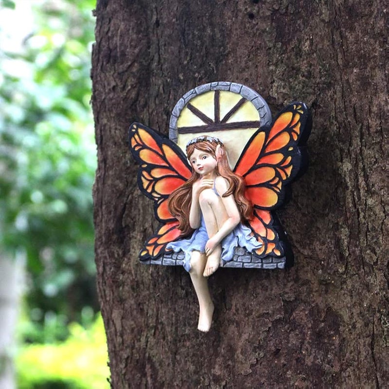 JARPSIRY Fairy Out The Window Tree Hugger Garden Statue Glow in The Dark Resin Fairy Figurine Wall Art Sculpture Outdoor Tree Faces Decor for Patio Lawn Yard Ornaments Red