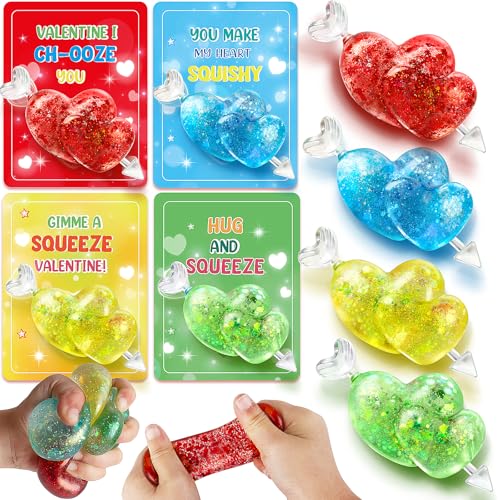 Bstoyder Valentines Day Gifts Cards for Kids 24 Pack Double Heart Squeeze Balls with Greeting Cards for Kids Classroom Exchange Prizes Stretchy Toy Balls Bulk Gift Squeeze Relief Fidget Toy for Party Favor - Image 1