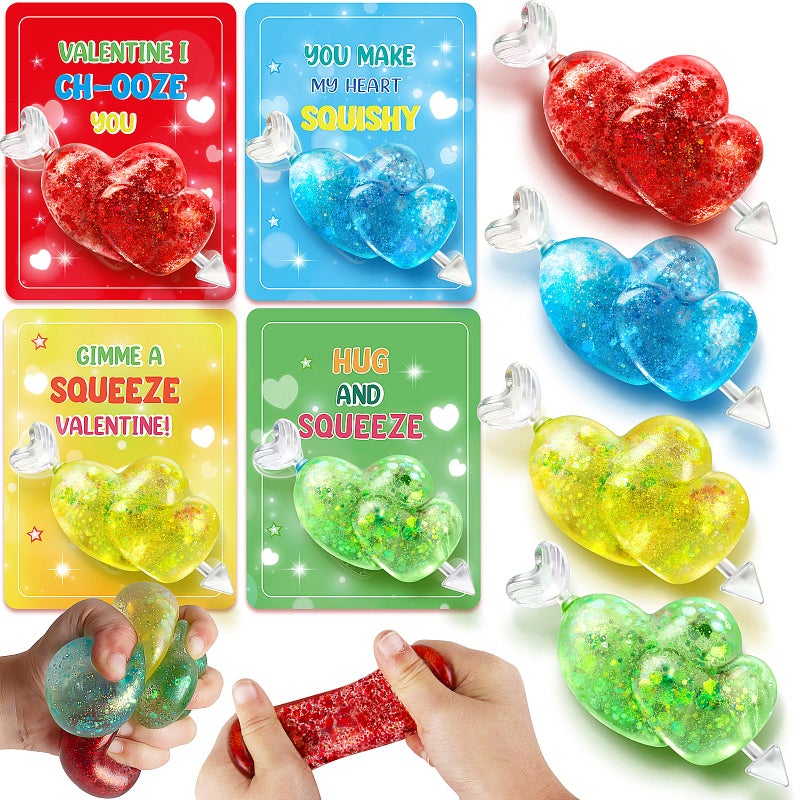 Bstoyder Valentines Day Gifts Cards for Kids 24 Pack Double Heart Squeeze Balls with Greeting Cards for Kids Classroom Exchange Prizes Stretchy Toy Balls Bulk Gift Squeeze Relief Fidget Toy for Party Favor - Image 3