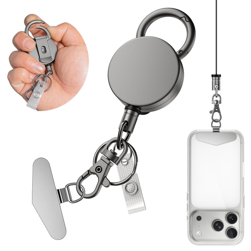 Retractable Cell Phone Lanyard Heavy Duty Metal Anti Theft Phone Tether With Belt Clip Carabiner Universal Anchor Black - Image 1