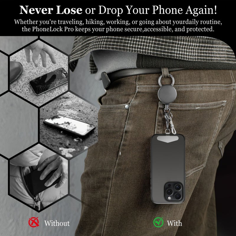 Retractable Cell Phone Lanyard Heavy Duty Metal Anti Theft Phone Tether With Belt Clip Carabiner Universal Anchor Black - Image 4