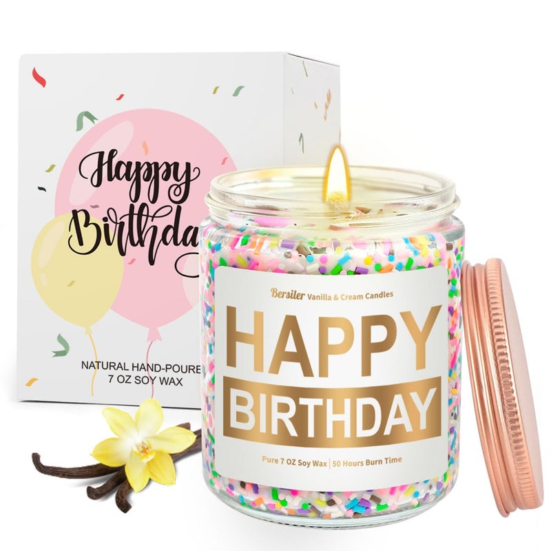 Bersiler Happy Birthday Candle Gifts for Women, Vanilla Cream Birthday Candle with Sprinkles, Unique Birthday Gifts for Her Best Friend Women, 7oz Soy Wax Scented Candle - Image 1