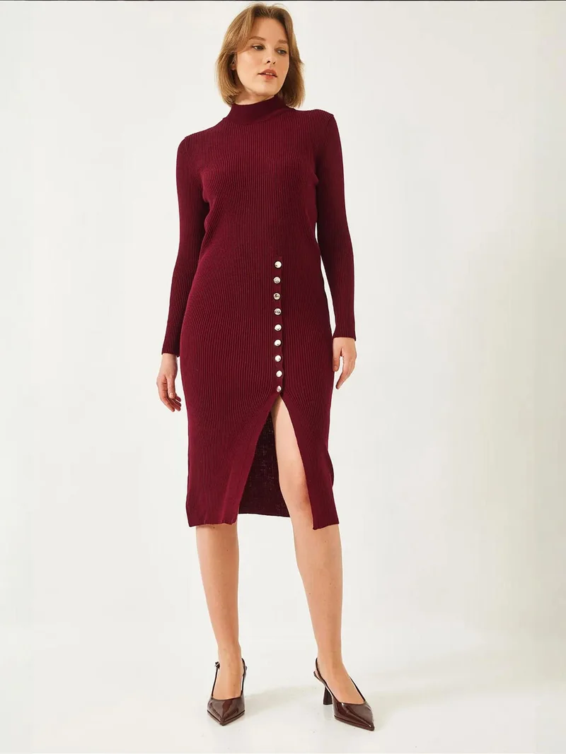 Bianco Lucci LUCCI Ribbed Textured Turtleneck Midi Knitted Dress