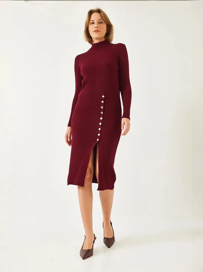 Bianco Lucci LUCCI Ribbed Textured Turtleneck Midi Knitted Dress