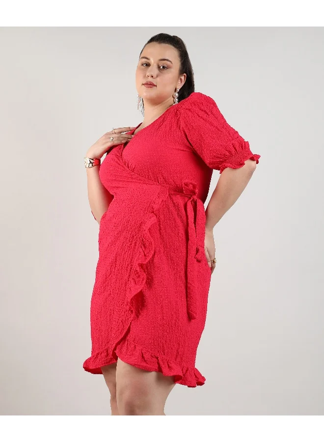 Instafab Plus Women's Scarlet Red Wrap Knee Dress For Casual Wear | V Neck | Short Sleeve | Tie-Up Closure | Dress Crafted With Comfort Fit For Everyday Wear