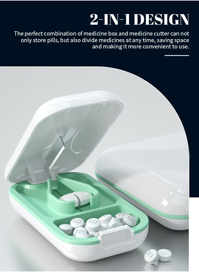 2-in-1 Pill Cutter, Travel Pill Box with Stainless Steel Blade, Removable Cleanable, Suitable for Storing Vitamins and Prescription Drugs
