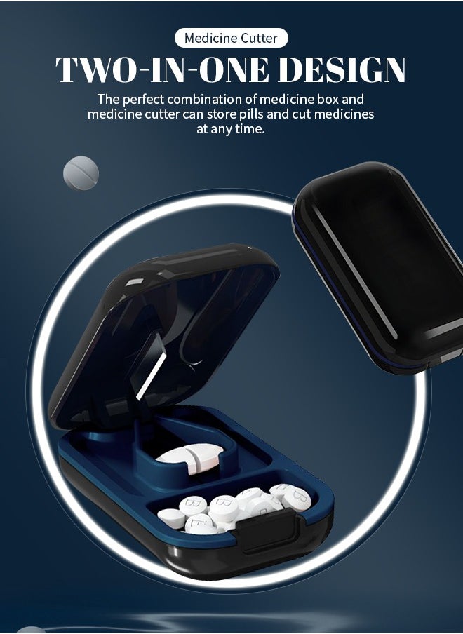 2-in-1 Pill Cutter, Travel Pill Box with Stainless Steel Blade, Removable Cleanable, Suitable for Storing Vitamins and Prescription Drugs