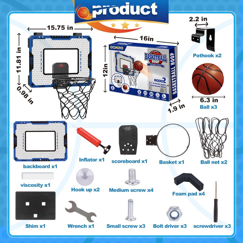 OCHIDO Indoor Basketball Hoop for Kids Age 510 with Electronic Scoreboard  3 Balls  Over The Door Mini Hoop for Boys Birthday - Image 3